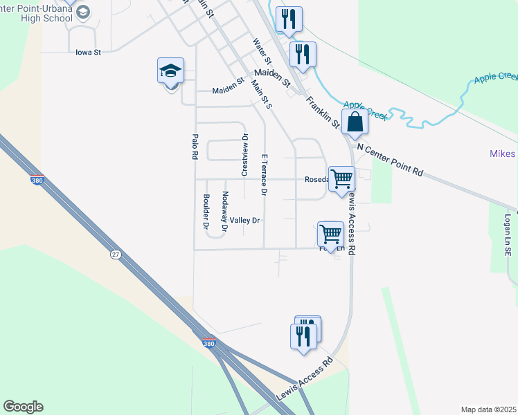map of restaurants, bars, coffee shops, grocery stores, and more near 611 E Terrace Dr in Center Point