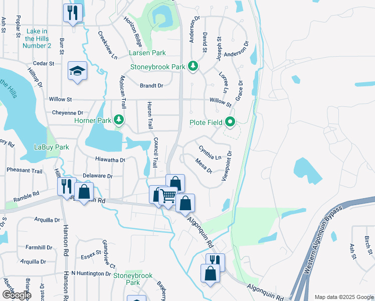 map of restaurants, bars, coffee shops, grocery stores, and more near 923 Mesa Drive in Lake in the Hills
