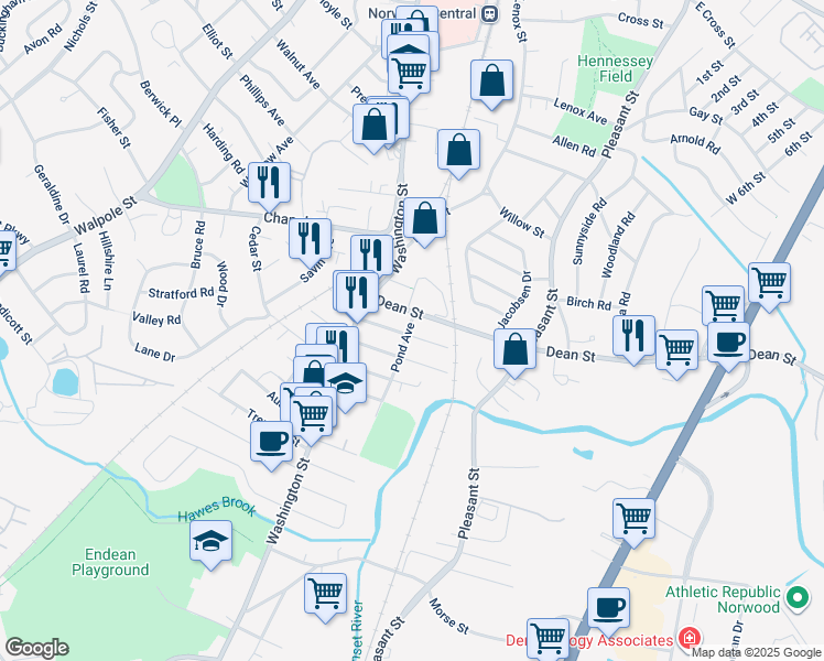 map of restaurants, bars, coffee shops, grocery stores, and more near 27 Dean Street in Norwood