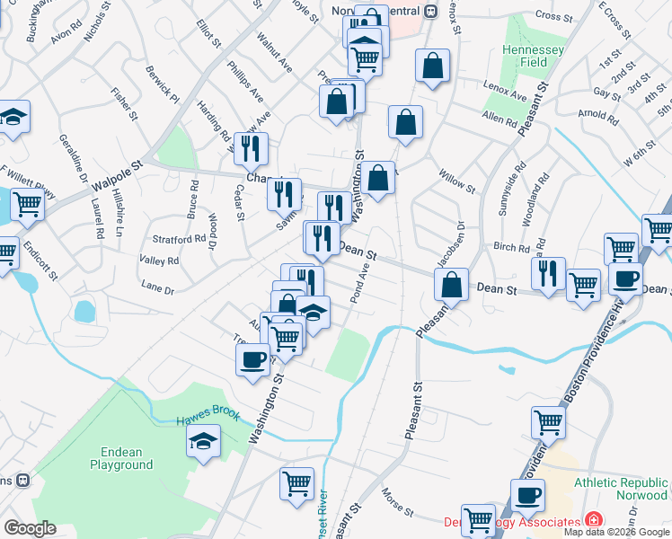 map of restaurants, bars, coffee shops, grocery stores, and more near 1056 Washington Street in Norwood