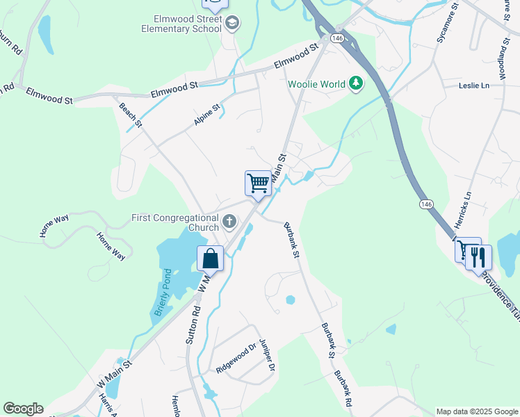 map of restaurants, bars, coffee shops, grocery stores, and more near 100 West Main Street in Millbury
