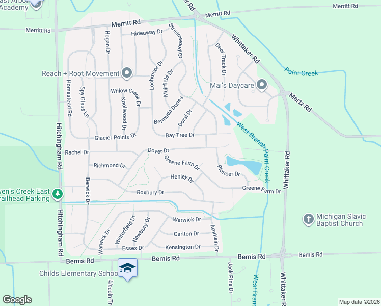 map of restaurants, bars, coffee shops, grocery stores, and more near 7701 Dover Drive in Ypsilanti