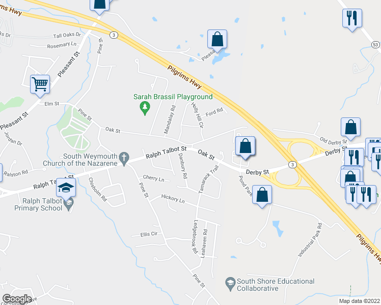map of restaurants, bars, coffee shops, grocery stores, and more near 171 Oak Street in Weymouth