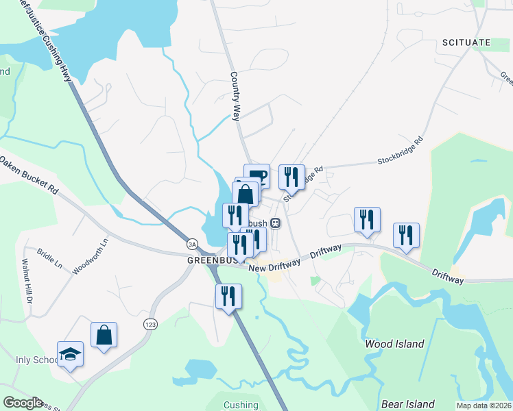 map of restaurants, bars, coffee shops, grocery stores, and more near 52 Country Way in Scituate
