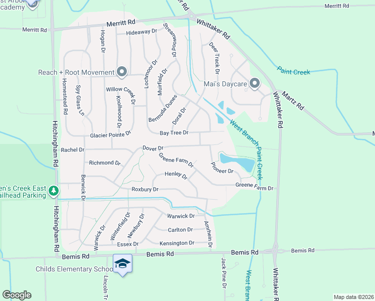 map of restaurants, bars, coffee shops, grocery stores, and more near 7701 Dover Drive in Ypsilanti