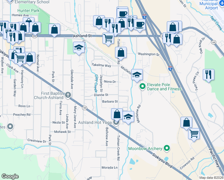 map of restaurants, bars, coffee shops, grocery stores, and more near 755 Capella Circle in Ashland