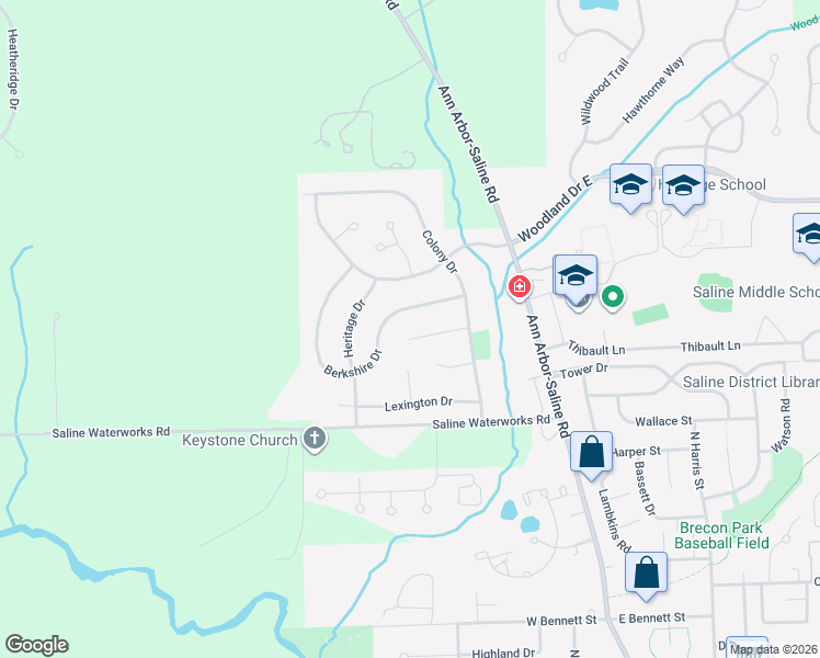 map of restaurants, bars, coffee shops, grocery stores, and more near 391 Berkshire Drive in Saline