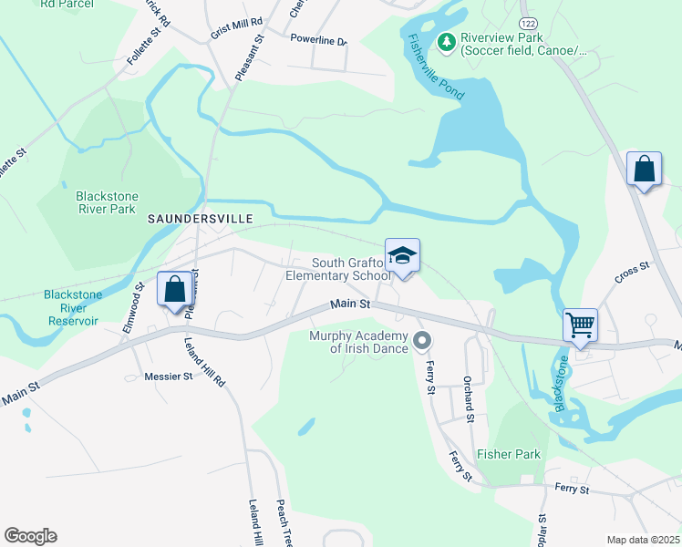 map of restaurants, bars, coffee shops, grocery stores, and more near 26 Elmwood Street in Grafton