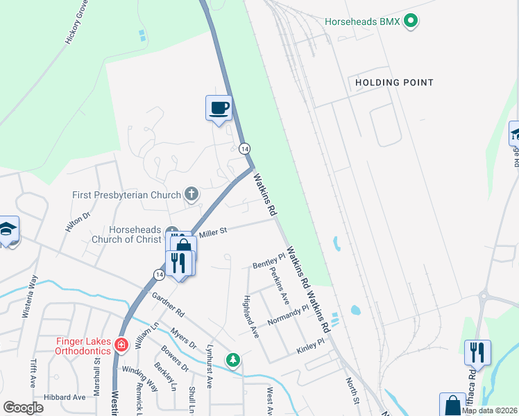 map of restaurants, bars, coffee shops, grocery stores, and more near 719 Watkins Road in Horseheads