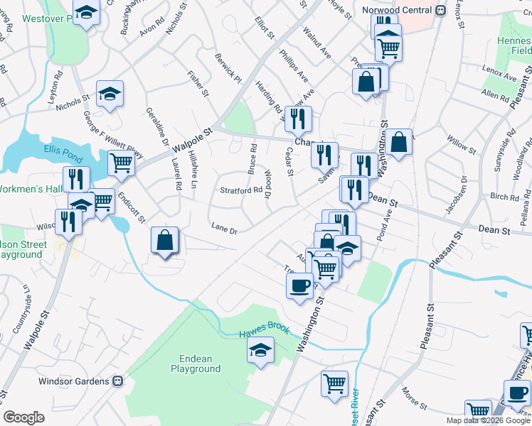 map of restaurants, bars, coffee shops, grocery stores, and more near 164 Lane Drive in Norwood