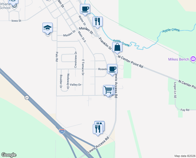 map of restaurants, bars, coffee shops, grocery stores, and more near 526 Lincoln Drive in Center Point