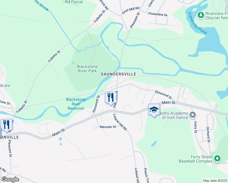 map of restaurants, bars, coffee shops, grocery stores, and more near 85 1/2 Elmwood Street in Grafton
