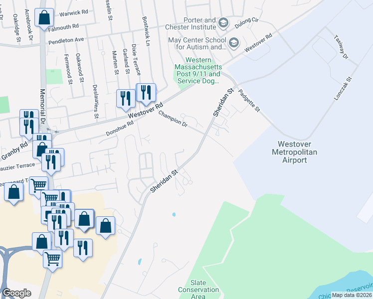 map of restaurants, bars, coffee shops, grocery stores, and more near 41 Pinecrest Drive in Chicopee