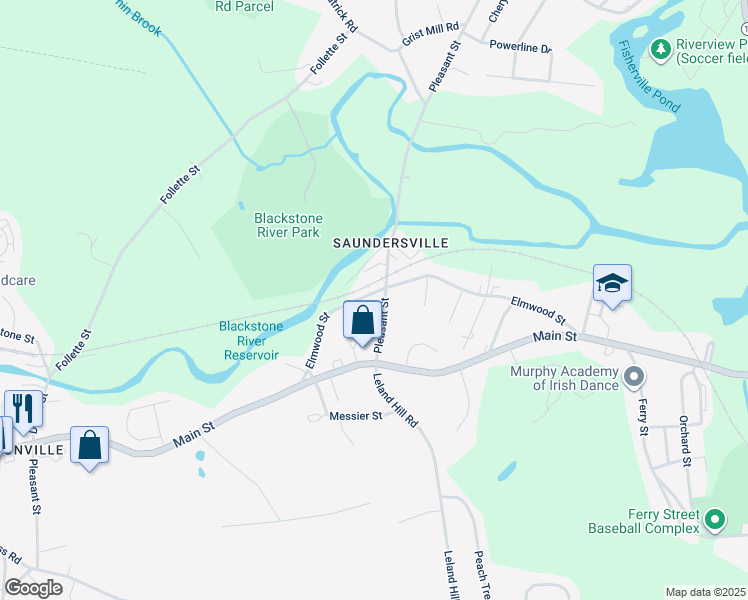 map of restaurants, bars, coffee shops, grocery stores, and more near 85 1/2 Elmwood Street in Grafton