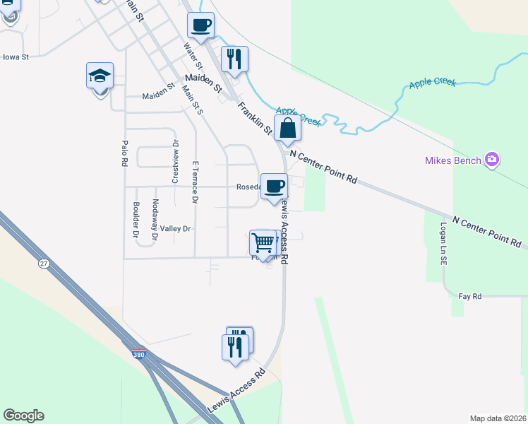 map of restaurants, bars, coffee shops, grocery stores, and more near 526 Lincoln Drive in Center Point