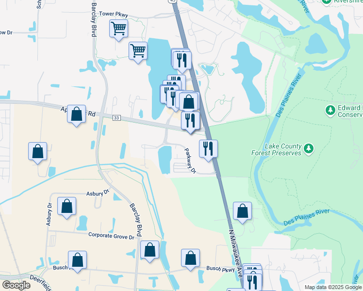 map of restaurants, bars, coffee shops, grocery stores, and more near Parkway Drive in Lincolnshire