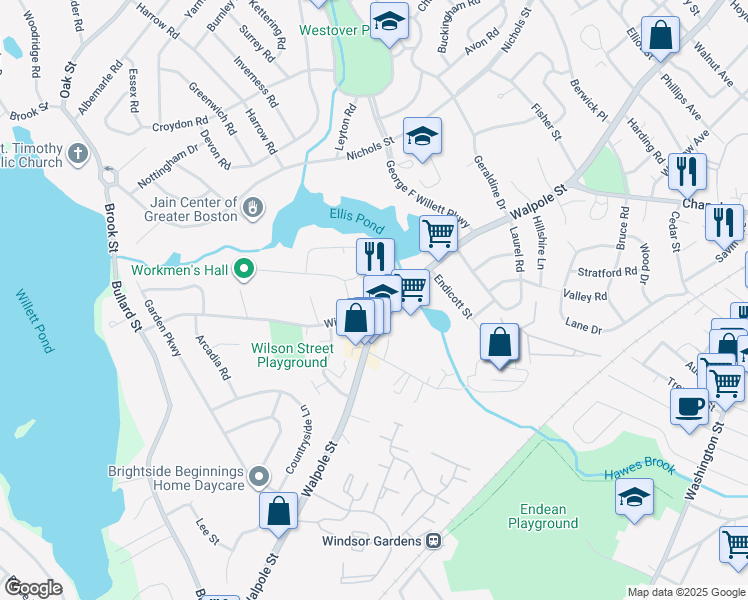 map of restaurants, bars, coffee shops, grocery stores, and more near 437 Walpole Street in Norwood