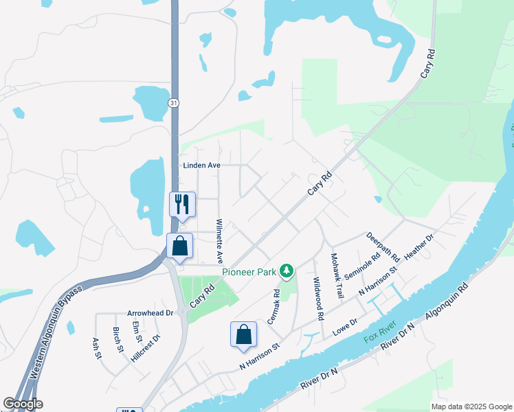 map of restaurants, bars, coffee shops, grocery stores, and more near 10307 Lund Avenue in Algonquin