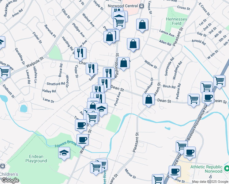 map of restaurants, bars, coffee shops, grocery stores, and more near 27 Dean Street in Norwood