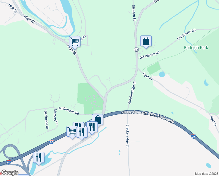 map of restaurants, bars, coffee shops, grocery stores, and more near 38 Ware Street in Palmer