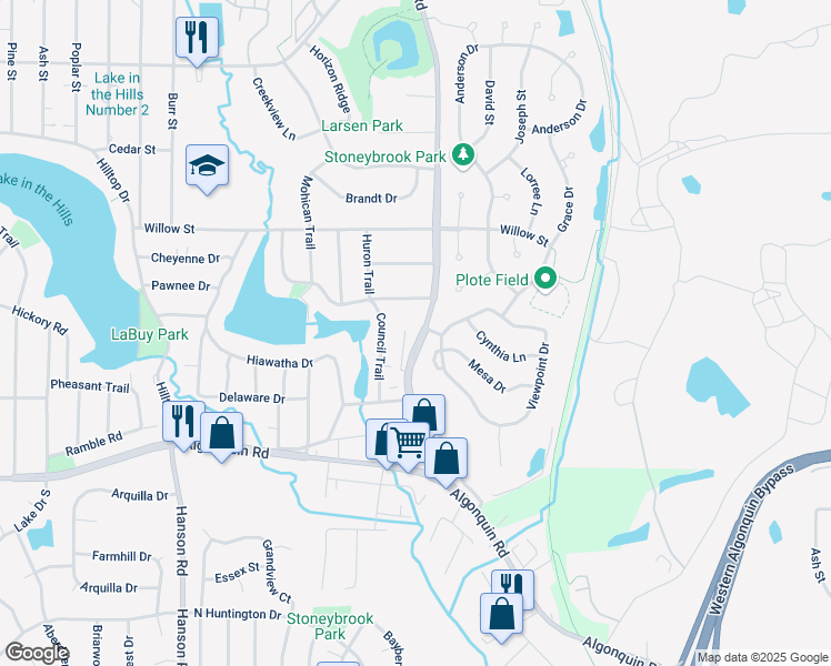 map of restaurants, bars, coffee shops, grocery stores, and more near 320 Pyott Road in Lake in the Hills