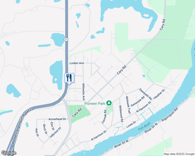 map of restaurants, bars, coffee shops, grocery stores, and more near 10307 Lund Avenue in Algonquin