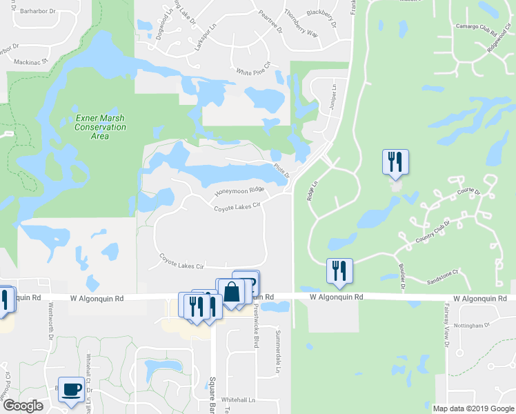 map of restaurants, bars, coffee shops, grocery stores, and more near 4850 Coyote Lakes Circle in Lake in the Hills