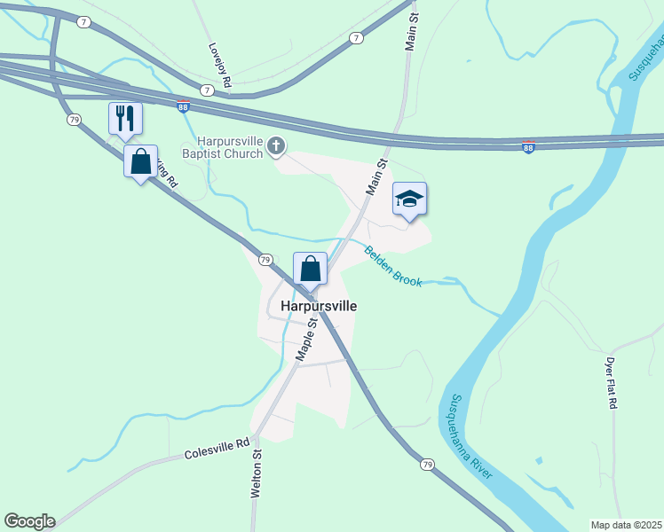 map of restaurants, bars, coffee shops, grocery stores, and more near 19 Main St in Harpursville