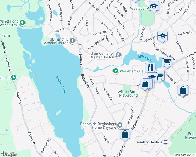 map of restaurants, bars, coffee shops, grocery stores, and more near 24 Morningside Drive in Norwood