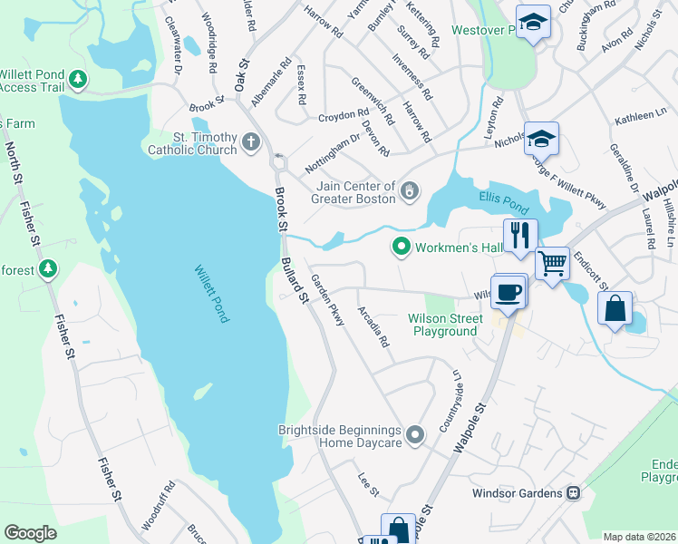 map of restaurants, bars, coffee shops, grocery stores, and more near 24 Morningside Drive in Norwood