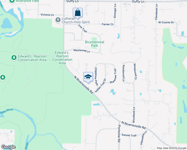 map of restaurants, bars, coffee shops, grocery stores, and more near 1480 Chippewa Path in Riverwoods
