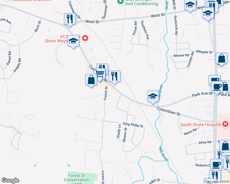 map of restaurants, bars, coffee shops, grocery stores, and more near 432 Columbian Street in Weymouth