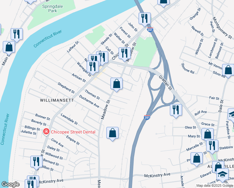 map of restaurants, bars, coffee shops, grocery stores, and more near 251 Meadow Street in Chicopee