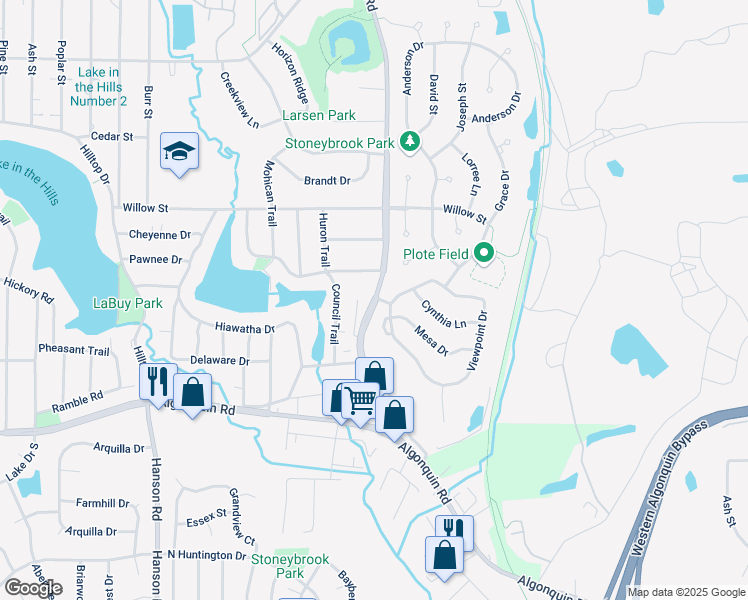 map of restaurants, bars, coffee shops, grocery stores, and more near 320 Pyott Road in Lake in the Hills