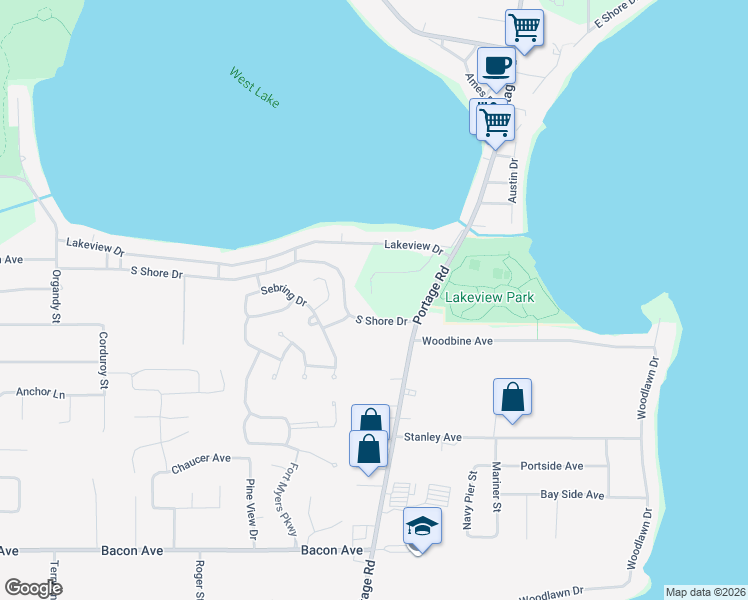 map of restaurants, bars, coffee shops, grocery stores, and more near 1715 South Shore Drive in Portage