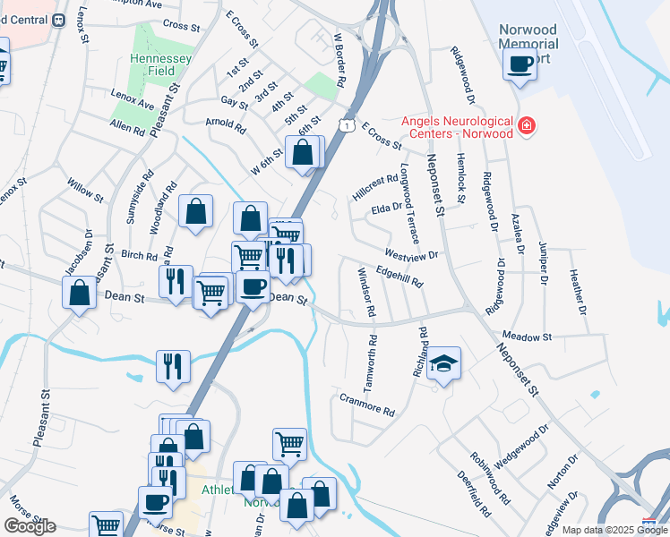 map of restaurants, bars, coffee shops, grocery stores, and more near 129 Edgehill Road in Norwood