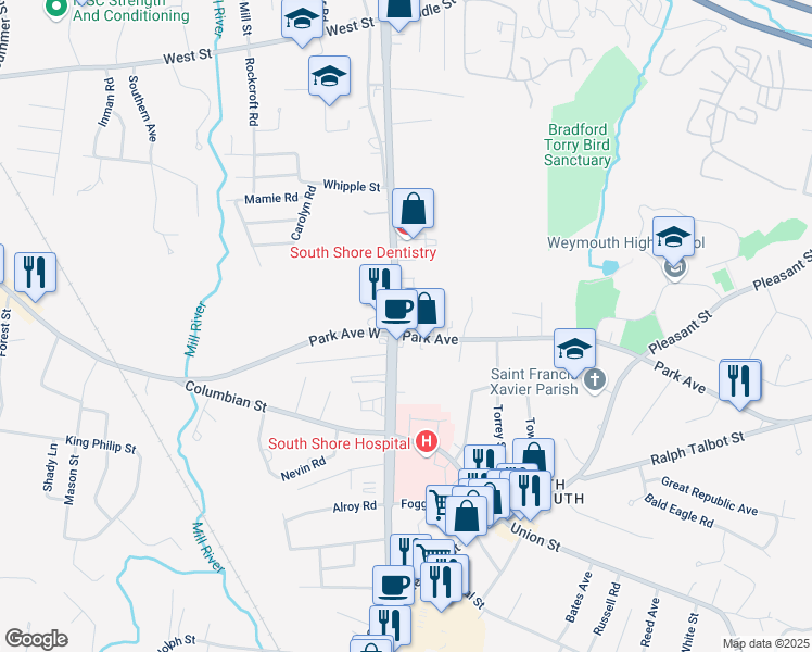 map of restaurants, bars, coffee shops, grocery stores, and more near 754 Main Street in Weymouth
