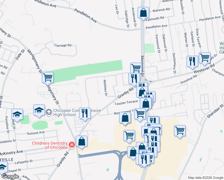 map of restaurants, bars, coffee shops, grocery stores, and more near 22 Bardon Street in Chicopee
