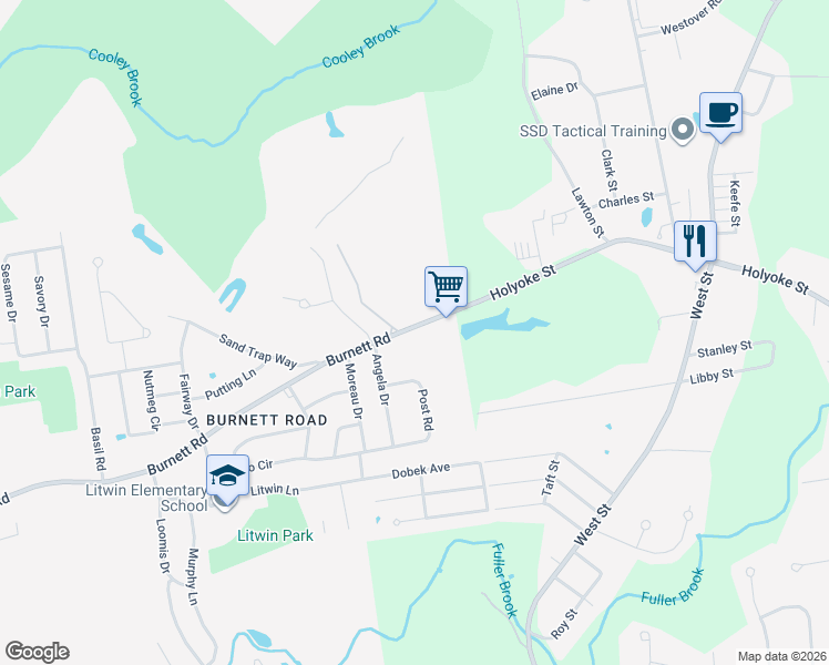 map of restaurants, bars, coffee shops, grocery stores, and more near 1307 Burnett Road in Chicopee