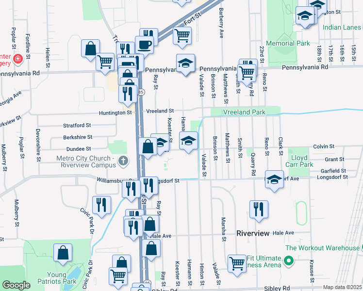 map of restaurants, bars, coffee shops, grocery stores, and more near 17568 Hamann Street in Riverview