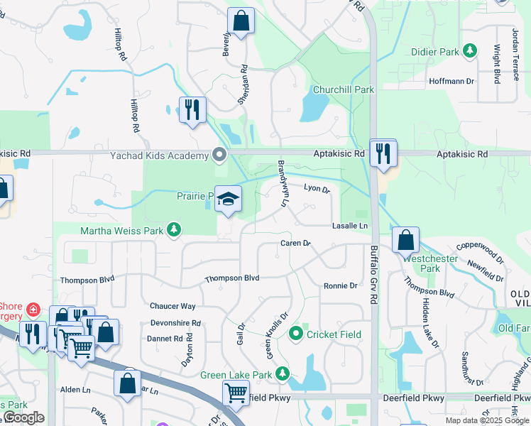 map of restaurants, bars, coffee shops, grocery stores, and more near 1550 Brandywyn Lane in Buffalo Grove