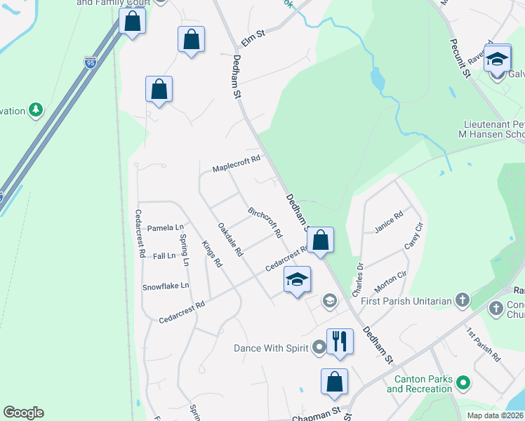 map of restaurants, bars, coffee shops, grocery stores, and more near 39 Birchcroft Road in Canton