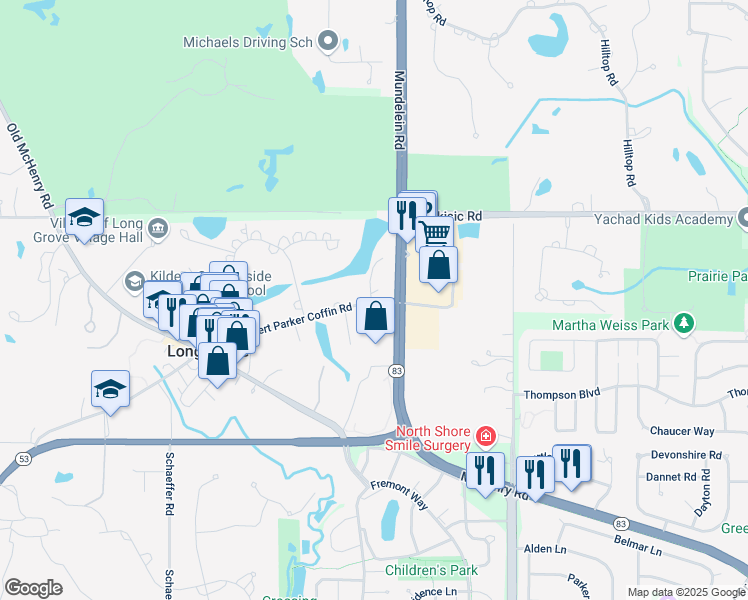 map of restaurants, bars, coffee shops, grocery stores, and more near 4155 Robert Parker Coffin Road in Long Grove