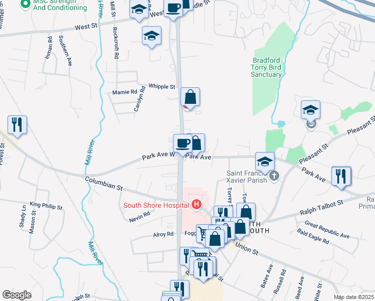 map of restaurants, bars, coffee shops, grocery stores, and more near 754 Main Street in Weymouth