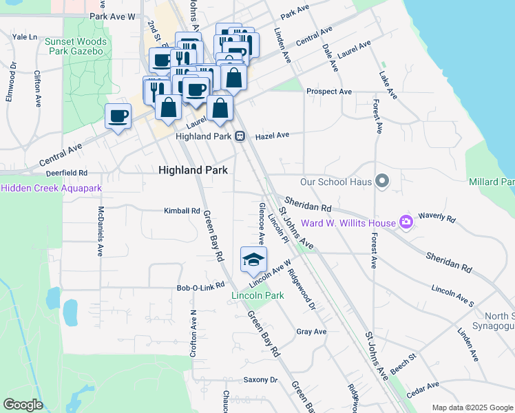 map of restaurants, bars, coffee shops, grocery stores, and more near 1514 Glencoe Avenue in Highland Park