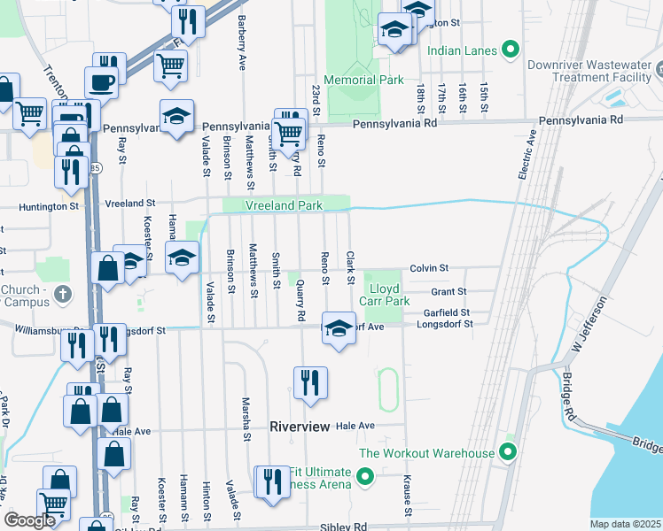 map of restaurants, bars, coffee shops, grocery stores, and more near 17635 Reno Street in Riverview