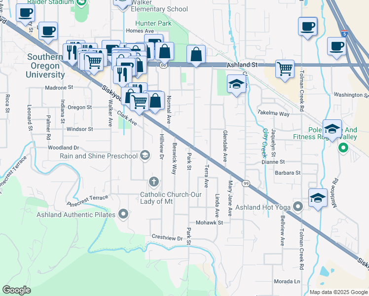 map of restaurants, bars, coffee shops, grocery stores, and more near 1830 Siskiyou Boulevard in Ashland