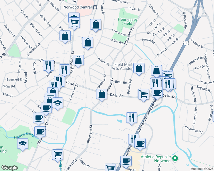 map of restaurants, bars, coffee shops, grocery stores, and more near 530 Pleasant Street in Norwood