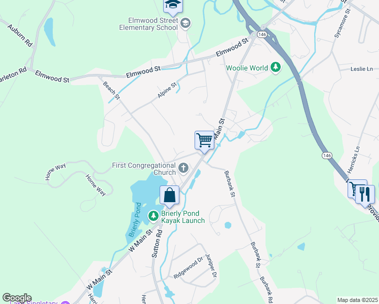map of restaurants, bars, coffee shops, grocery stores, and more near 30 High Street in Millbury
