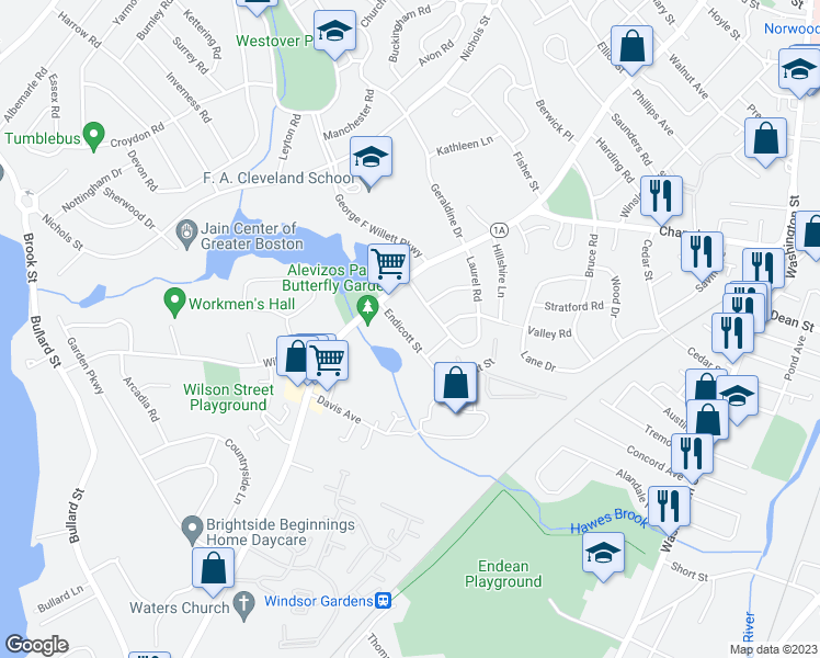 map of restaurants, bars, coffee shops, grocery stores, and more near 22 Endicott Street in Norwood